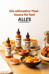 Thumbnail for Drei Flaschen KONKRUA Thai Sriracha Sauce mit Pommes, Nachos und Chicken Wings – die vielseitige Thai-Sauce für fast alles