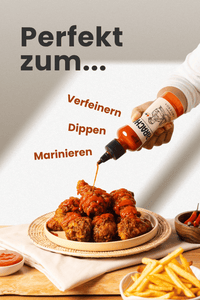 Thumbnail for Hand träufelt KONKRUA Sriracha Sauce über knusprige Chicken Wings – perfekt zum Verfeinern, Dippen und Marinieren
