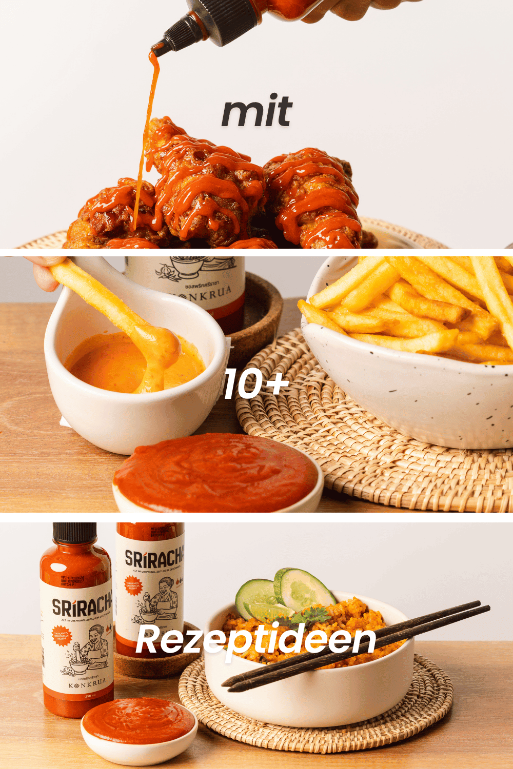 KONKRUA Sriracha Sauce vielseitig verwendet: zu Chicken Wings, als Dip für Pommes und in über 10 Rezeptideen
